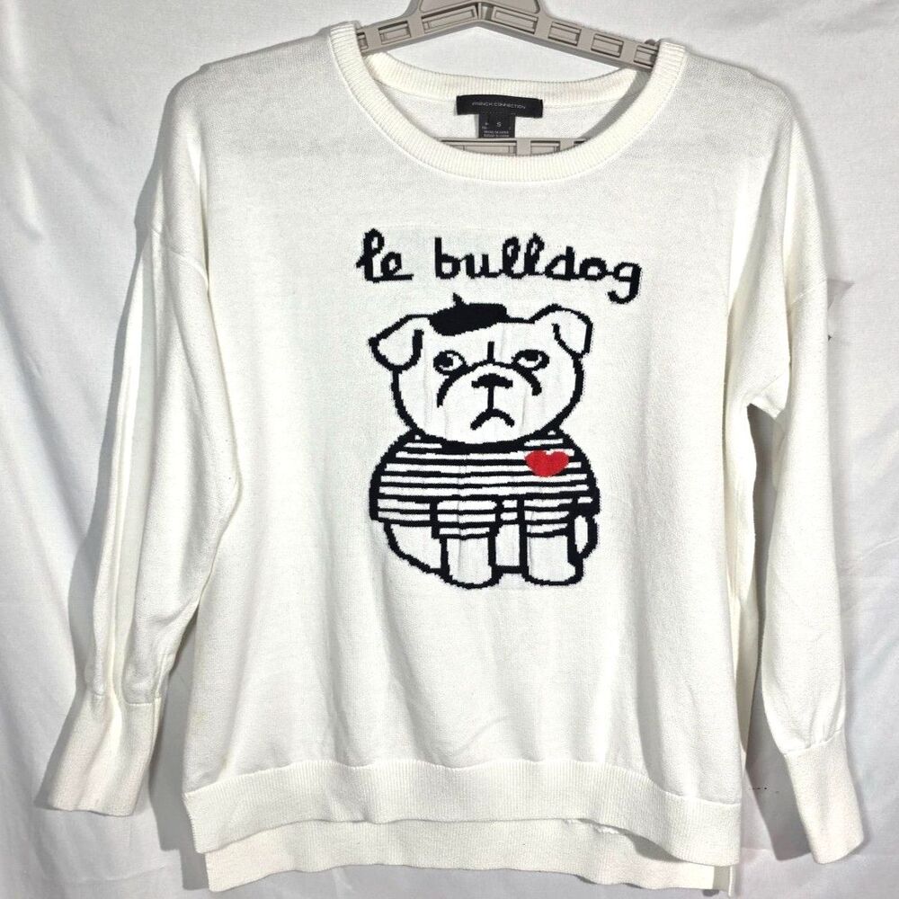 French Connection Le Bulldog Graphic Intarsia Knit Sweater in White S
